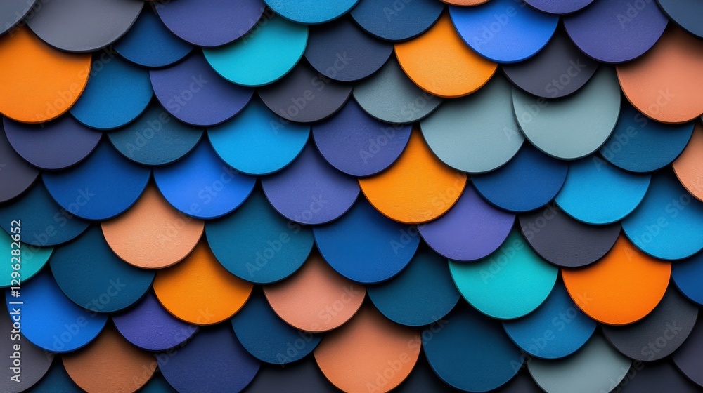 Poster a colorful pattern of blue and orange circles. the blue circles are larger than the orange ones. the