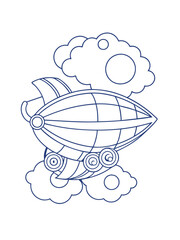 Fantasy Airship Sailing Through the Clouds – Adult Coloring Page on White Background