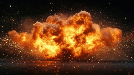 3D render of a massive fireball explosion with sparks on a black background