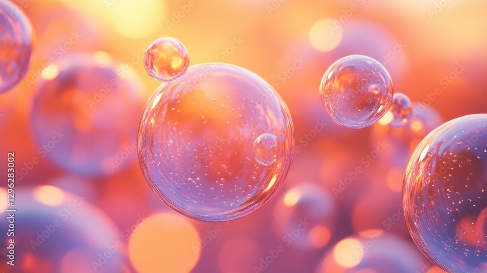 Poster ethereal bubbles with pearlescent tints hover over a warm sunset gradient.