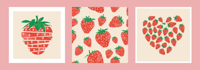 Strawberries colorful wallpaper prints background set. Fruit illustrations isolated on background. Greeting cards background with strawberries for your design.