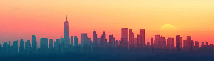 Naklejka premium Silhouette of city skyline at sunset with vibrant colors and shadows