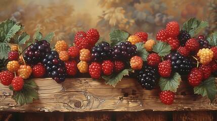A collection of ripe blackberries with a few unripe red ones mixed in green leaves adding contrast