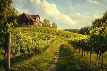A photo showcasing a house perched atop a vibrant green hill surrounded by natural beauty A lush vineyard ripening in the summer sun with a rustic farmhouse in the backdrop .