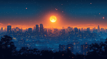 Fototapeta premium Cityscape at night with a full moon