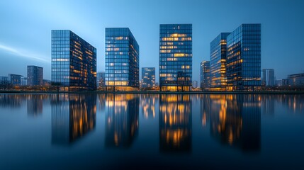 Modern cityscape showcases illuminated skyscrapers reflecting on calm water at blue hour, with glass and steel architecture, golden windows, and deep twilight sky in Dubai-inspired symmetrical view