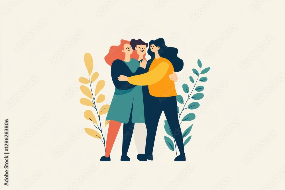Poster Three friends embrace happily surrounded by colorful foliage in a cheerful and warm atmosphere. Generative AI