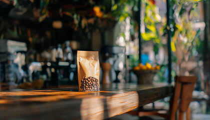A stylishly composed image of a kraft paper coffee bag sitting on a wooden table in a cozy caf&eacute;.