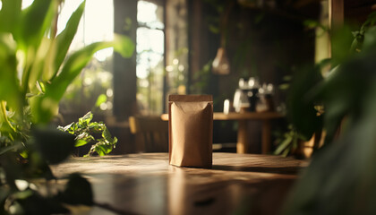 A stylishly composed image of a kraft paper coffee bag sitting on a wooden table in a cozy caf&eacute;.