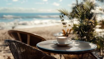 A beautifully captured image of a hot coffee sitting on a wooden table at a beachside caf&eacute; during sunset.