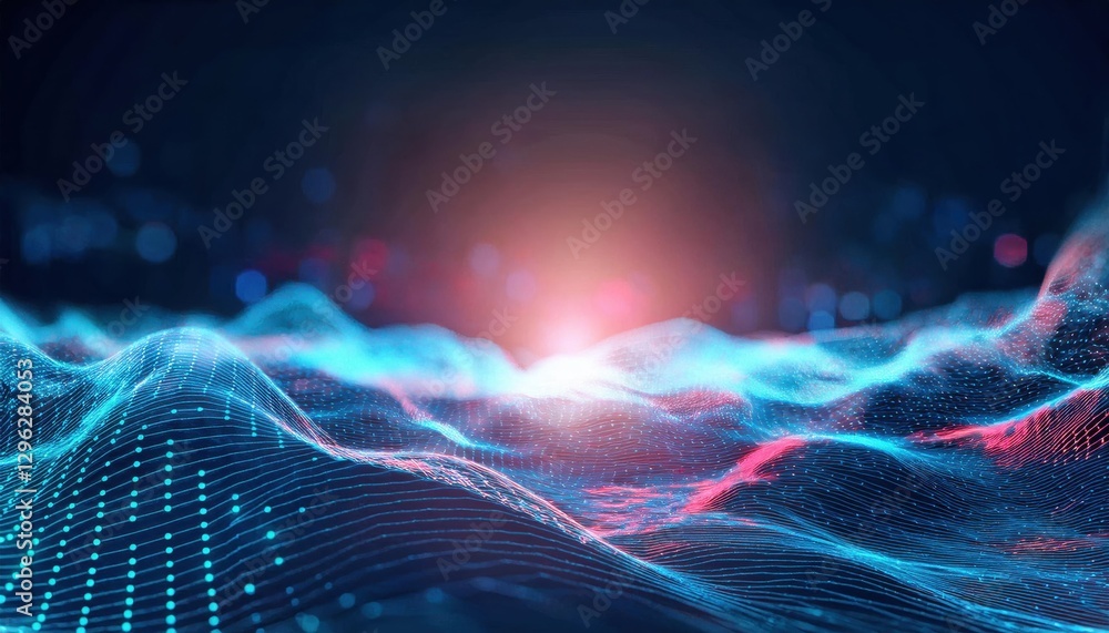 Poster futuristic digital landscape with glowing blue wireframe terrain and red data points, abstract artificial intelligence concept

