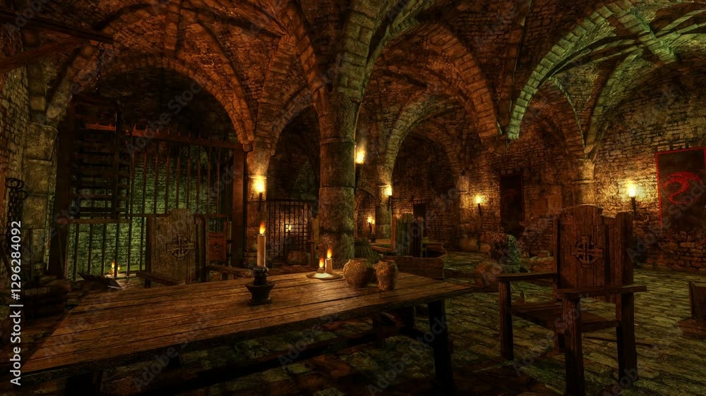 Aufkleber 3d animation of a medieval dungeon room with flickering candles on a table and fire torches on the w
