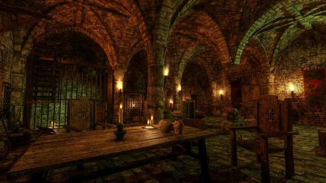 3D animation of a medieval dungeon room with flickering candles on a table and fire torches on the walls.