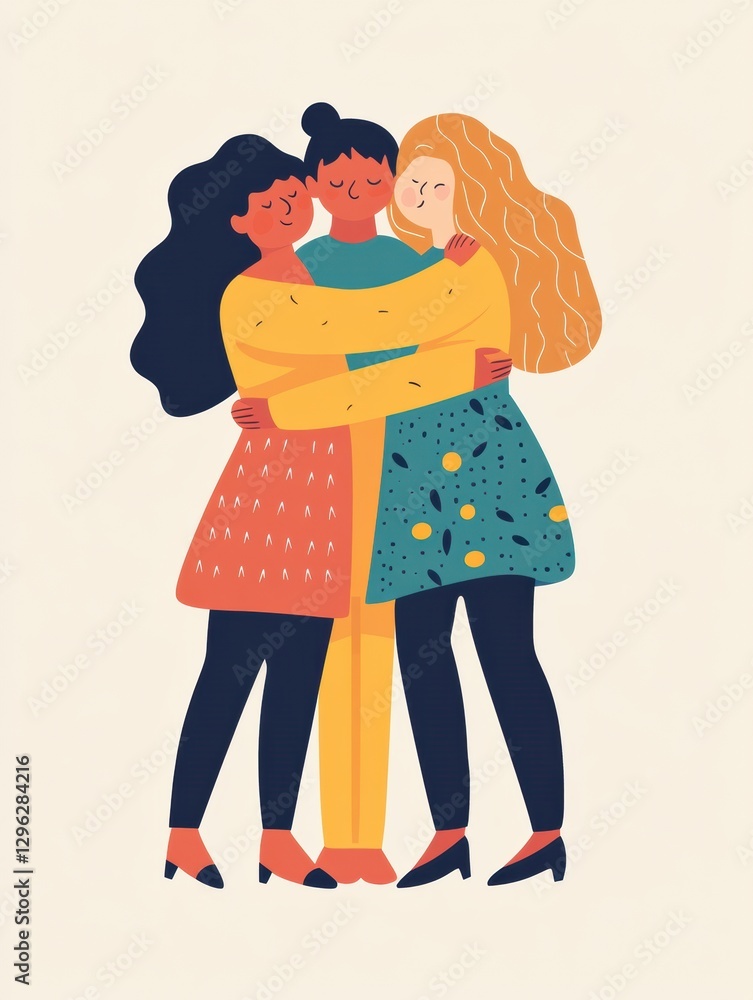 Poster three friends share a warm embrace in a colorful illustration depicting unity and support. generativ