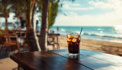 A beautifully captured image of an iced coffee sitting on a wooden table at a beachside caf&eacute; during sunset.