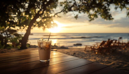 A beautifully captured image of an iced coffee sitting on a wooden table at a beachside caf&eacute; during sunset.