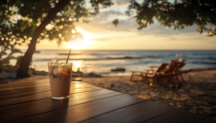 A beautifully captured image of an iced coffee sitting on a wooden table at a beachside caf&eacute; during sunset.