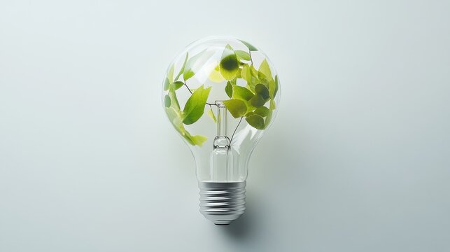 A sleek, eco-friendly lightbulb, its glass adorned with vibrant green leaves, symbolizing the harmony of nature and technology, against a pristine white backdrop. A visual embodiment of renewable and