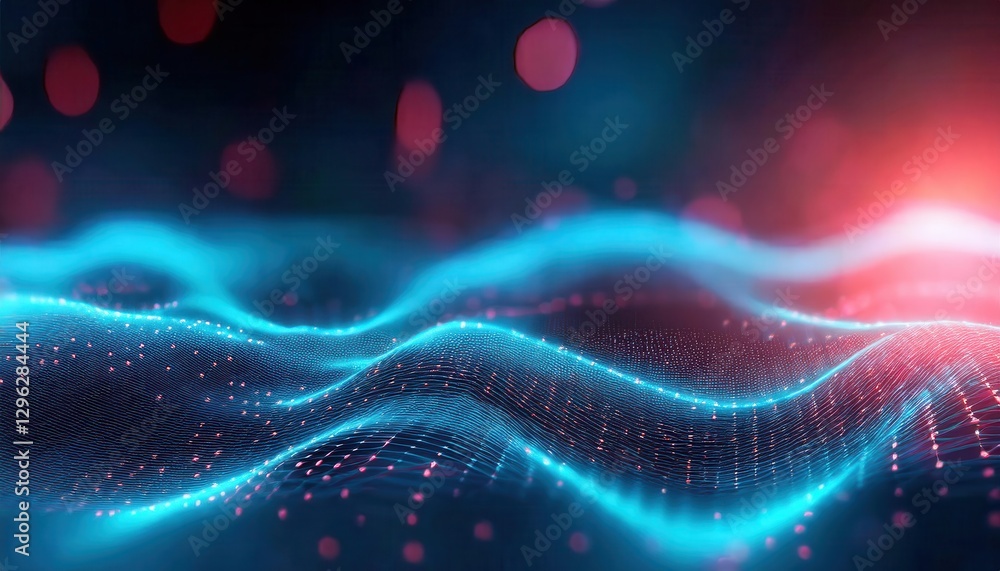 Aufkleber futuristic digital landscape with glowing blue wireframe terrain and red data points, abstract artificial intelligence concept

