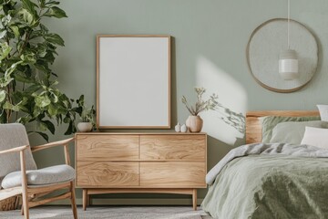 Poster Mockup – Blank 3:2 Poster Frame on Wooden Sideboard a serene bedroom setting with a natural color palette and minimalist decor