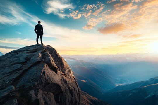 A male executive perched on a rocky cliff, gazing out at the expansive view below, signifying a leader's ability to see the bigger picture in the business world