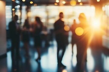 Bright business workplace with people in walking in blurred motion in modern office space