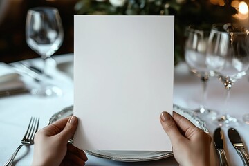 Blank Menu paper held in hand over luxury restaurant table. Mock up menu sheet. Generative Ai