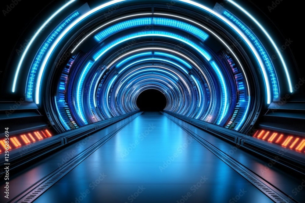 Poster Abstract digital background with glowing blue lights and the reflection of a data center in water, a futuristic technology concept. Digital landscape. High-quality photo