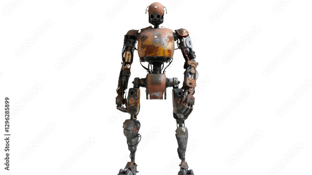 Poster rusty robot standing with transparent background: futuristic concept