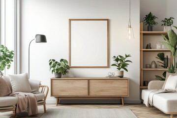 Elegant poster frame mockup in a contemporary living room with lush greenery and stylish decor