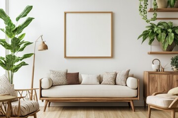 Creative interior design with elegant poster frame mockup in a cozy living room setting
