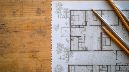 Architectural building plan or house engineering drawing in construction lies on the table.