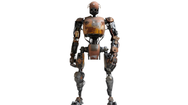 Rusty robot standing with transparent background: futuristic concept