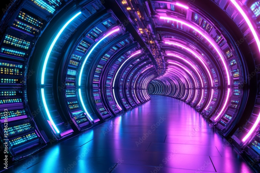 Poster Abstract digital background with glowing blue lights and the reflection of a data center in water, a futuristic technology concept. Digital landscape. High-quality photo