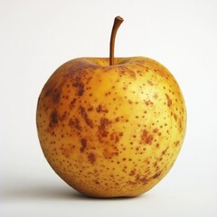 Freshly picked yellow apple with spots on a plain background