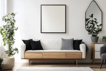 Elegant modern living room showcasing a stylish poster frame mockup with a cozy sofa setting and lush greenery adding vibrancy