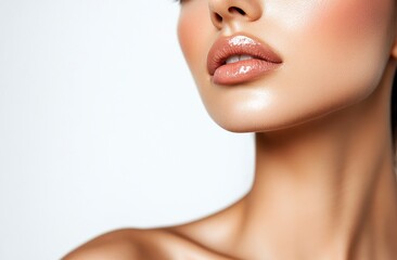 Naklejka premium Close-up of a beautiful Asian woman with clean, fresh skin on a white background. Portrait close-up of the face and neck of a young female model after makeup, isolated on a transparent background. 
