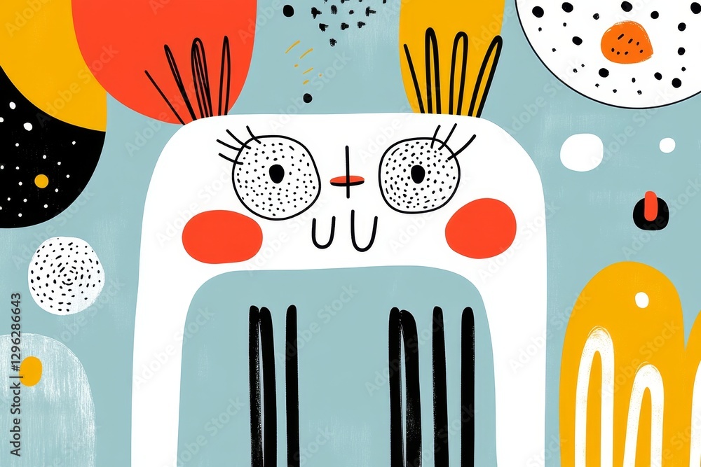 Aufkleber Abstract shapes and lines forming an animal, set against a teal background with orange accents. The composition includes geometric forms that suggest movement and energy within abstract spaces,