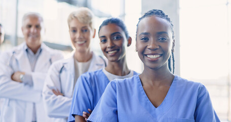 Happy, crossed arms and portrait of team of doctors in the hospital for medical diagnosis or...