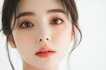 Fototapeta premium Close-up of a beautiful Asian woman with clean, fresh skin on a white background. Portrait close-up of the face and neck of a young female model after makeup, isolated on a transparent background. 