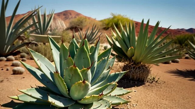 Desert agave plant, red hills background, sunny day, botanical garden scene