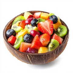 Bright summer fruit salad in a coconut bowl on a clean white background. Generative AI