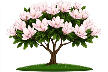 Fototapeta premium a 2D cartoon illustration of a blossoming magnolia tree, elegant and pink, white background