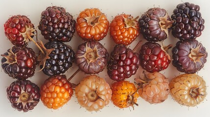 Blackberries carefully placed to form a symmetrical arrangement clean white backdrop highlighting their rich hues