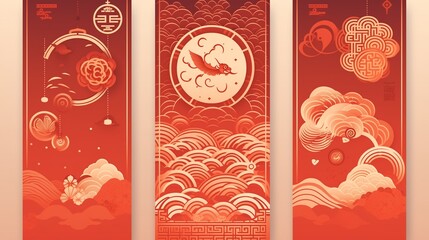 Chinese new year  year of the Snake. Vertical abstract greeting cards, banners. Red traditional Chinese vector designs with lanterns. Lunar new year concept, linear abstract modern design