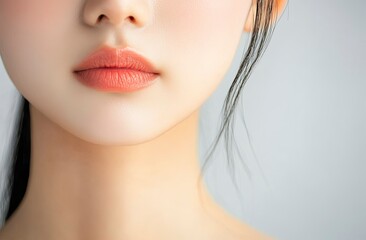Fototapeta premium Close-up of a beautiful Asian woman with clean, fresh skin on a white background. Portrait close-up of the face and neck of a young female model after makeup, isolated on a transparent background. 