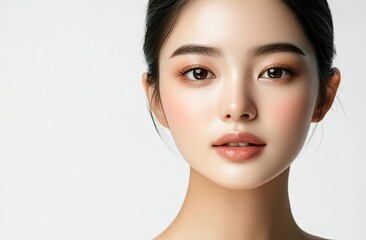 Obraz premium Close-up of a beautiful Asian woman with clean, fresh skin on a white background. Portrait close-up of the face and neck of a young female model after makeup, isolated on a transparent background. 