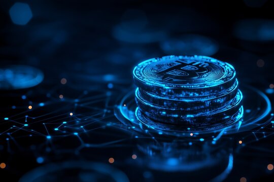 Glowing blue money coins with business diagram graph chart background. AI generated image