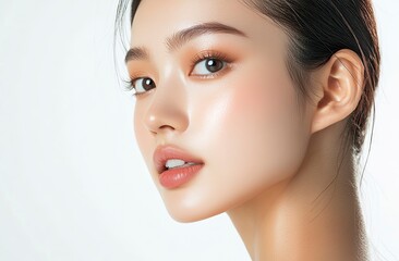 Obraz premium Close-up of a beautiful Asian woman with clean, fresh skin on a white background. Portrait close-up of the face and neck of a young female model after makeup, isolated on a transparent background. 