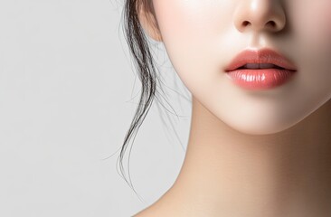 Naklejka premium Close-up of a beautiful Asian woman with clean, fresh skin on a white background. Portrait close-up of the face and neck of a young female model after makeup, isolated on a transparent background. 